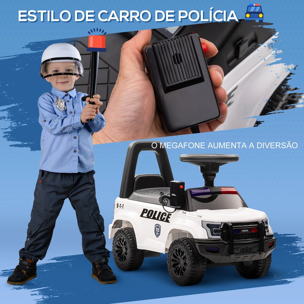 HOMCOM Carro Andador de Policia para Bebé de 18-60 Meses Carro sem Pedais com Buzina Megafone Compartimento de Armazenamento e Encosto Removível 62x29x43cm Branco