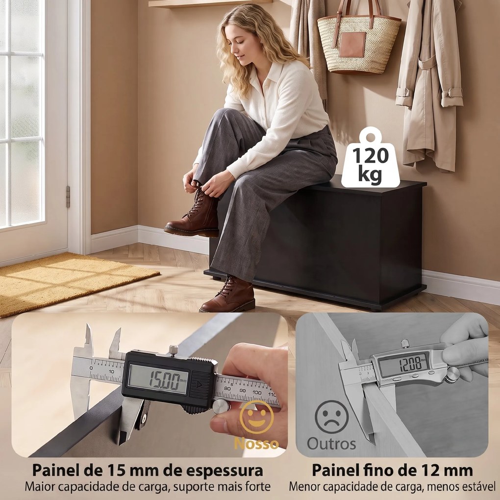 Baú de Arrumação 102L com Dobradiça de Segurança, Estilo Moderno, para Corredor, Quarto e Sala de Estar, 80x40x45 cm, Preto