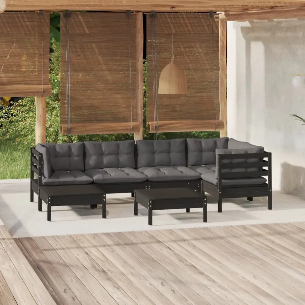 vidaXL 7 pcs conjunto lounge jardim c/ almofadões pinho maciço preto