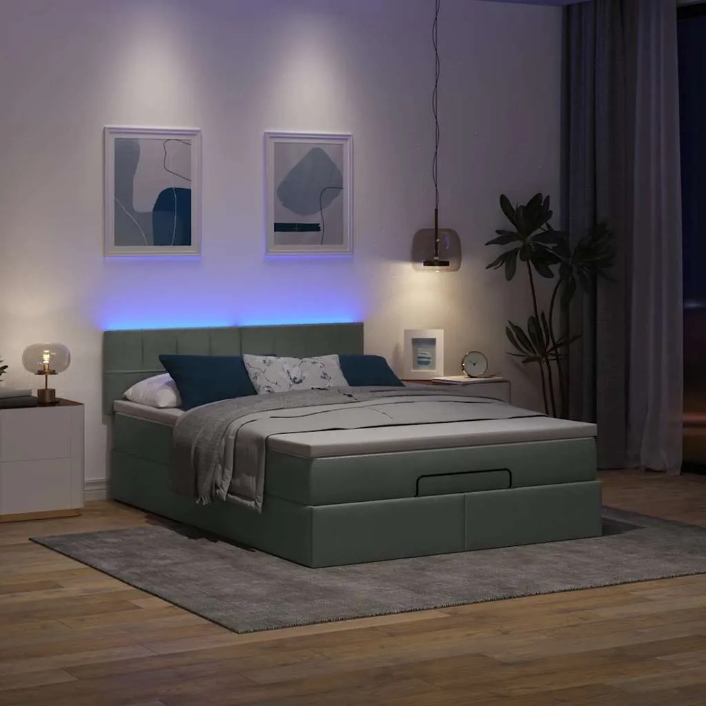 Cama Otomana com Colchão &amp; LEDs Cinzento Escuro 140x190cm