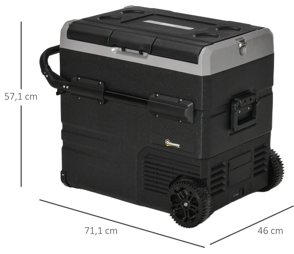 Outsunny Geleira de Compressor Portátil 55L Geleira Elétrica de Carro CC 12V/24V Temperatura até -20℃ com Tela Tátil Alça Retrátil e Rodas 71,1x46x57,1cm Preto