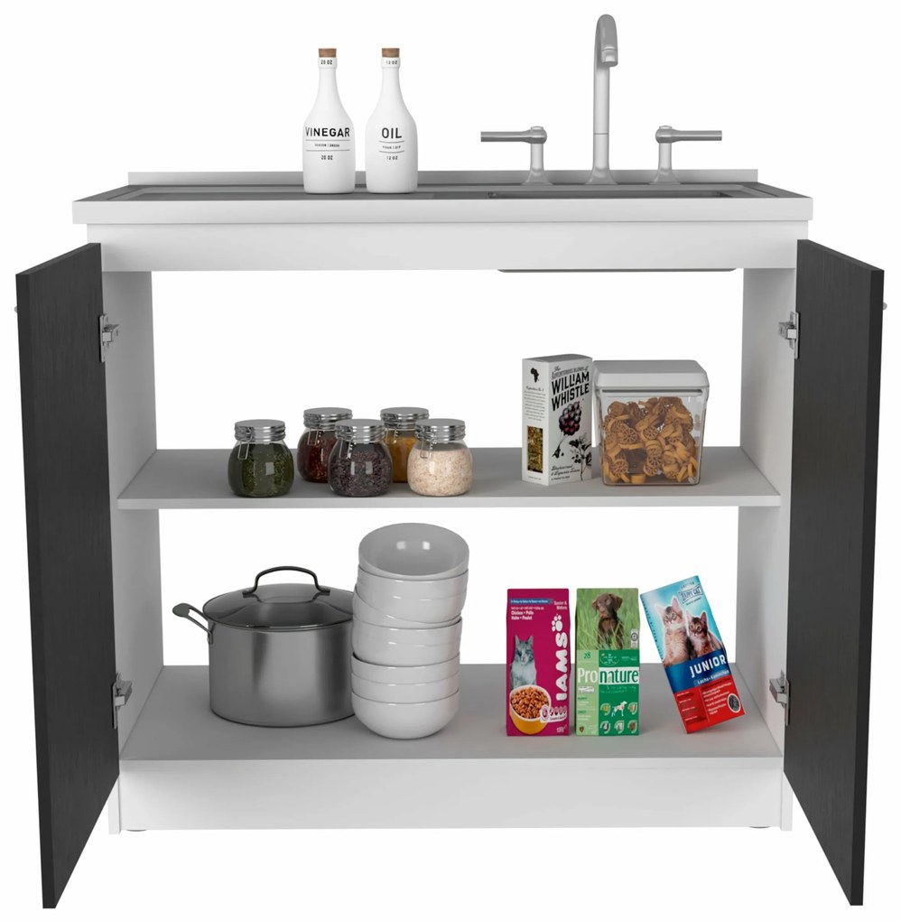 Móvel de cozinha com lava-louças e bancada de alumínio e prateleiras internas, 90cm a x 52,5 cm p x 100cm L, branco/preto