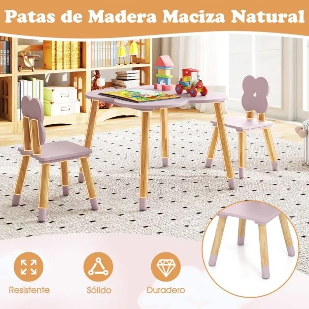 Conjunto de Mesa desenho Flor e Atividades em Madeira e 2 Cadeiras Crianças em Pinho Maciço para Crianças a partir dos 3 Anos, em Rosa e Natural