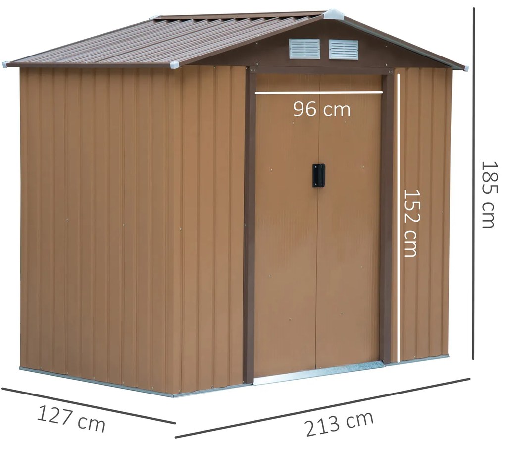 Abrigo de jardim de aço com porta deslizante e ventilação para armazenamento de ferramentas 213x127x185 cm marrom