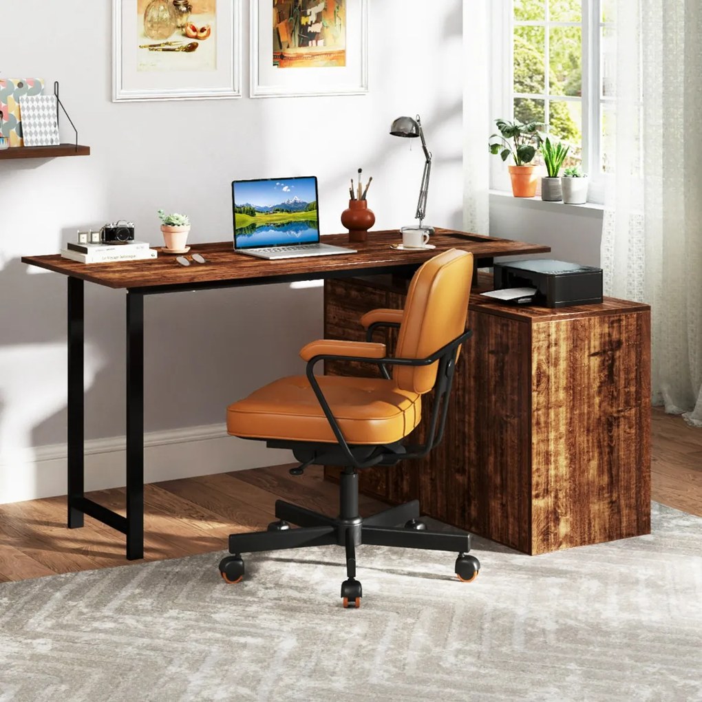 Secretária em forma de L com arquivo e tomada elétrica de canto reversível de 138 cm com 3 gavetas Mesa castanha