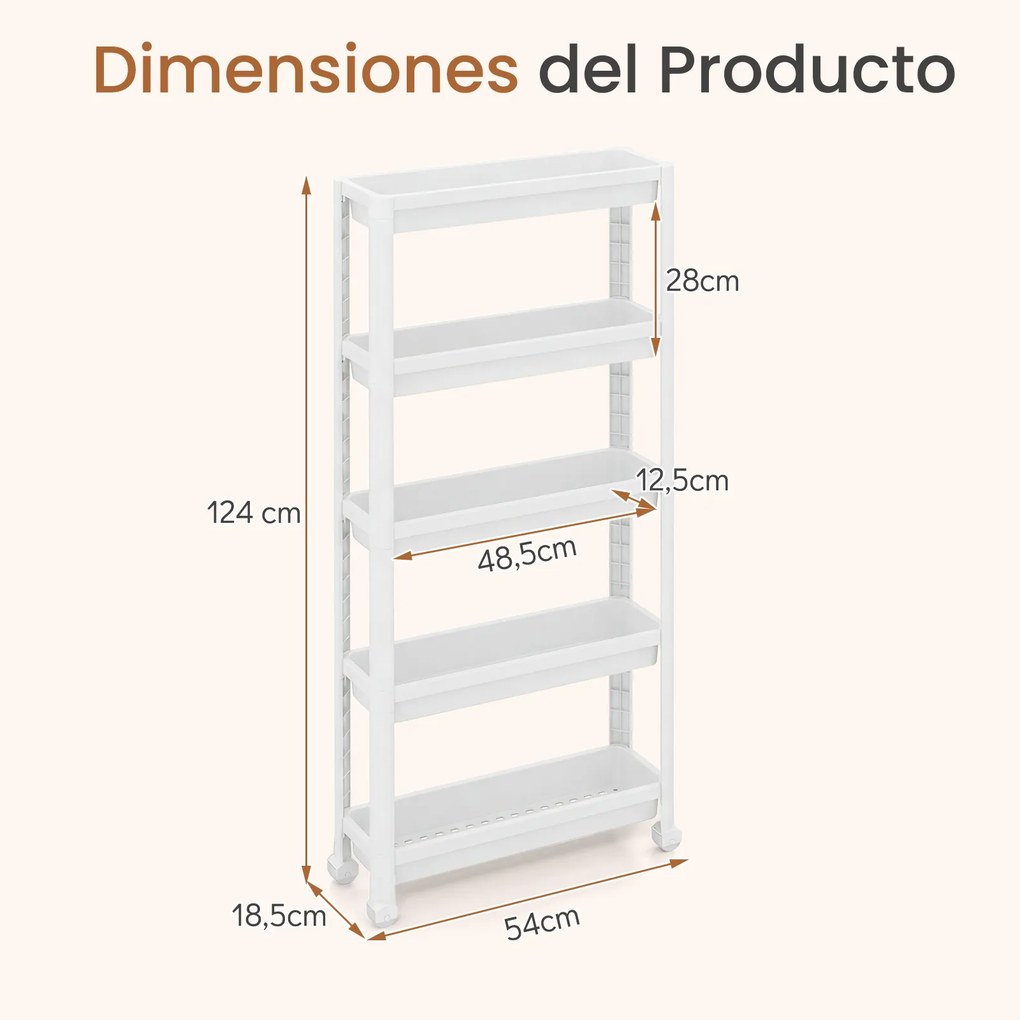 Carrinho de 5 prateleiras, estreito, com rodas suaves 54 x 18,5 x 124 cm em PP Organizador multifuncional para casa de banho, cozinha e lavandaria Bra