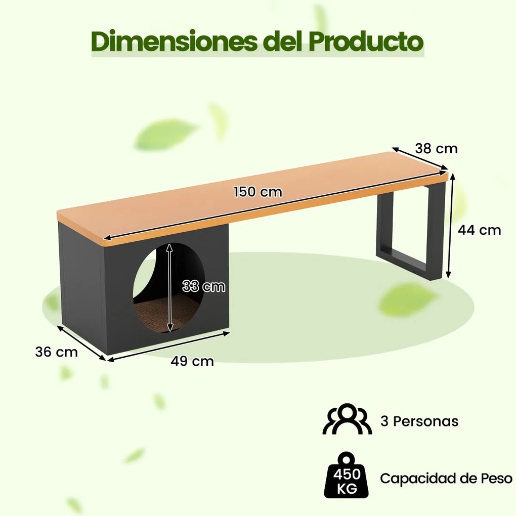 Banco de metal para exterior com 150 cm de comprimento, com casa para gatos, almofada para arranhar e assento com capacidade para 450 kg café e cinza