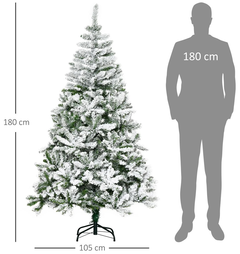 Árvore de Natal Artificial 180cm com Neve Ignífugo com 750 Ramos Folhas de PVC Abertura Automática Base Dobrável e Suporte Metálico Decoração de Natal