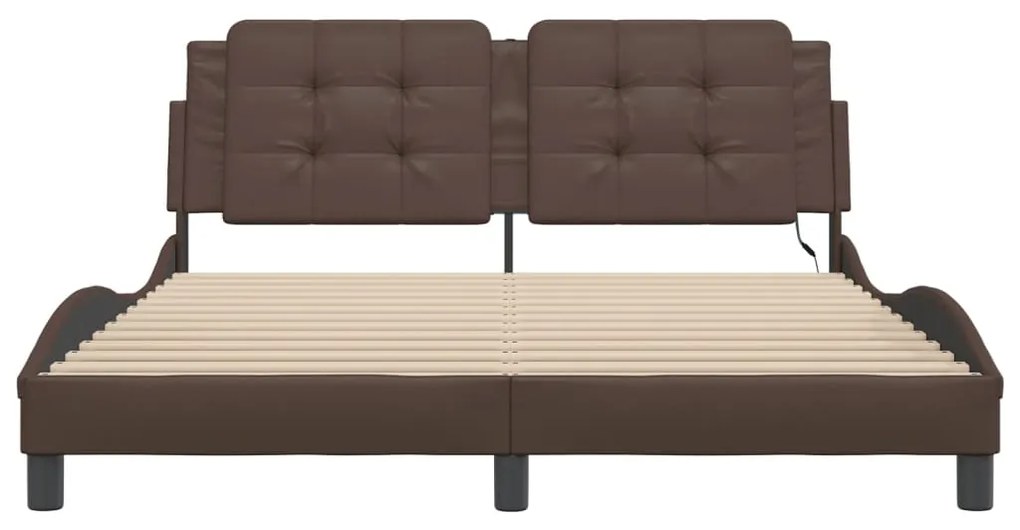 Estrutura cama c/ luzes LED 160x200cm couro artificial castanho