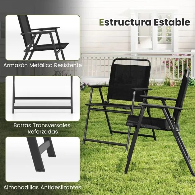 Conjunto de 2 cadeiras dobráveis com estrutura metálica, encosto e apoios para os braços, carga 150 kg, para terraço, varanda ou praia Preto