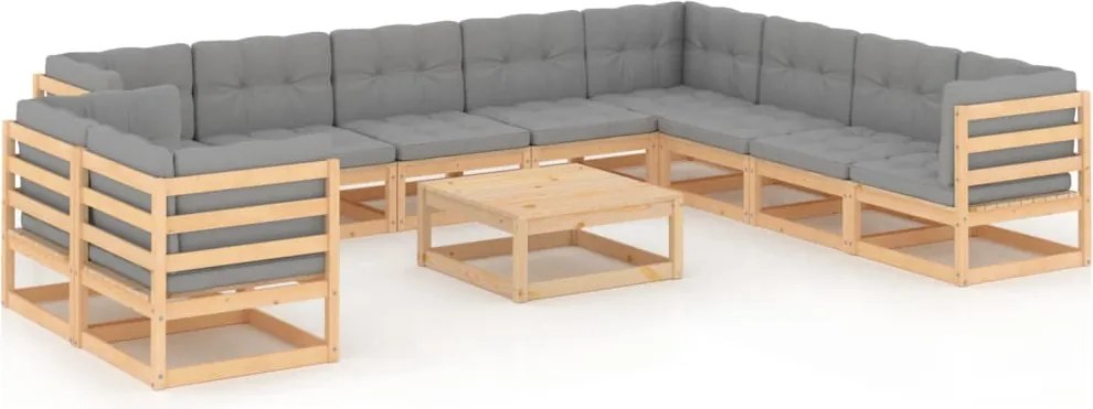11 pcs conjunto lounge de jardim com almofadões pinho maciço