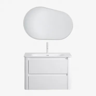 Conjunto De Móvel De Casa De Banho Em Madeira Com Lavatório Integrado Egerton Branco & Oval Led E Anti-embaciamento 100x80 Cm Meunier - Sklum