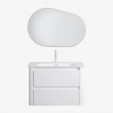Conjunto De Móvel De Casa De Banho Suspenso 80x50 Cm Em Madeira Com Lavatório Integrado Egerton Branco & Oval Led E Anti-embaciamento 100x80 - Sklum
