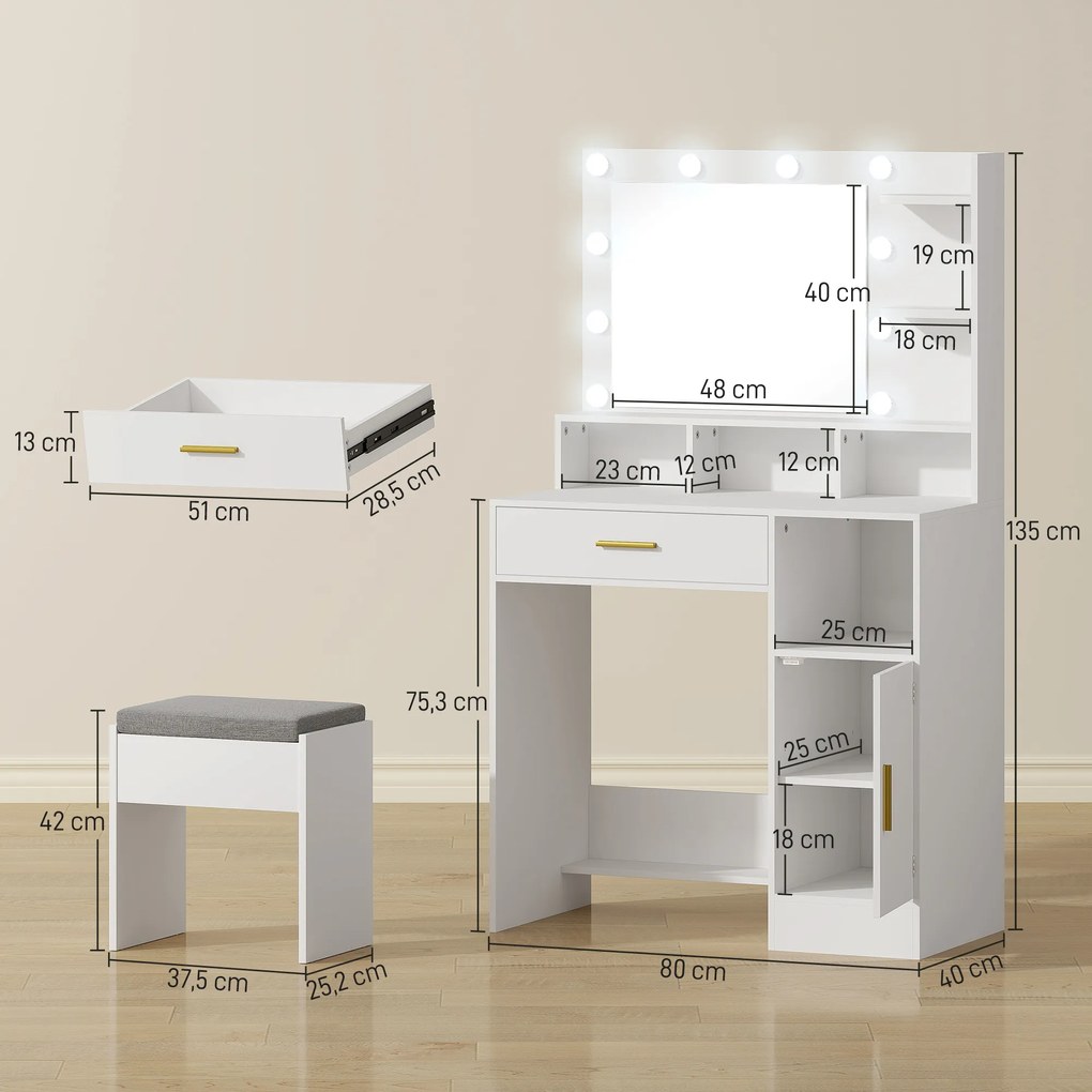 Toucador de Maquilhagem com Luzes LED Banco Espelho 3 Cores 10 Lâmpadas Gaveta Prateleiras e Compartimentos Branco