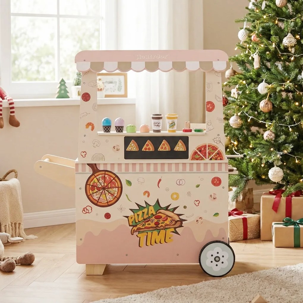 Carrinho de comida infantil em madeira 82 x 33 x 88 cm com forno, quadro magnético, gelataria, máquina de pagamento, tenda móvel com rodas, 3+ anos, r