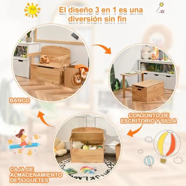 Conjunto de mesa de actividades convertível para crianças 3 em 1 com caixa de arrumação para brinquedos Natural