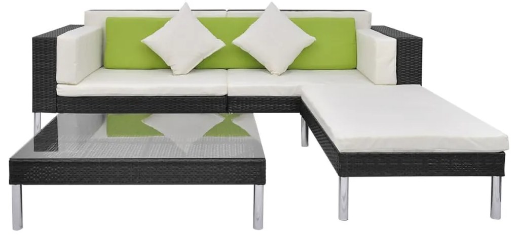 4 pcs conjunto lounge de jardim c/ almofadões vime PE preto