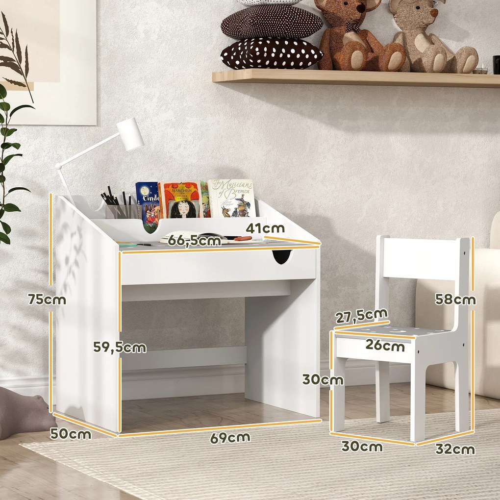 Conjunto de Secretária e Cadeira para Crianças com Gaveta Amovível e Compartimento para Dormitório Sala de Jogos Cinza e Branco