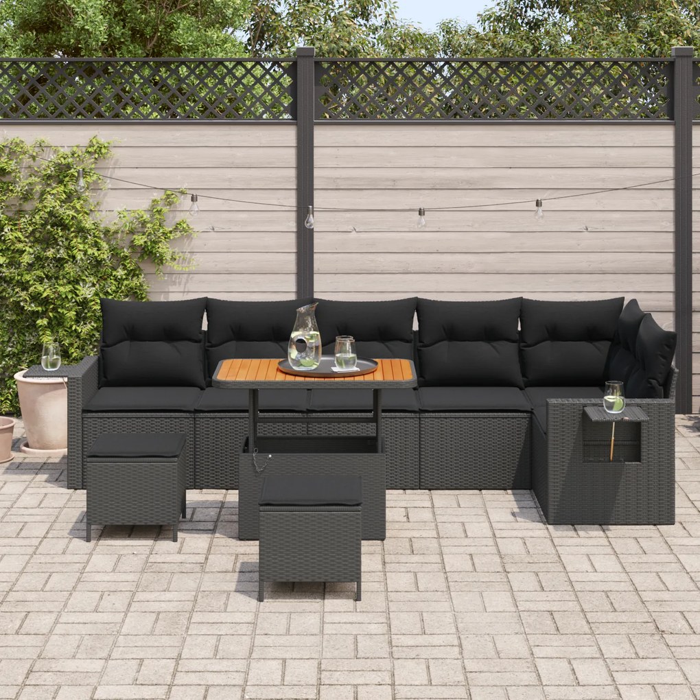 Conjunto de Sofá de Jardim vidaXL 9 Peças com Almofadas Preto Rattan P