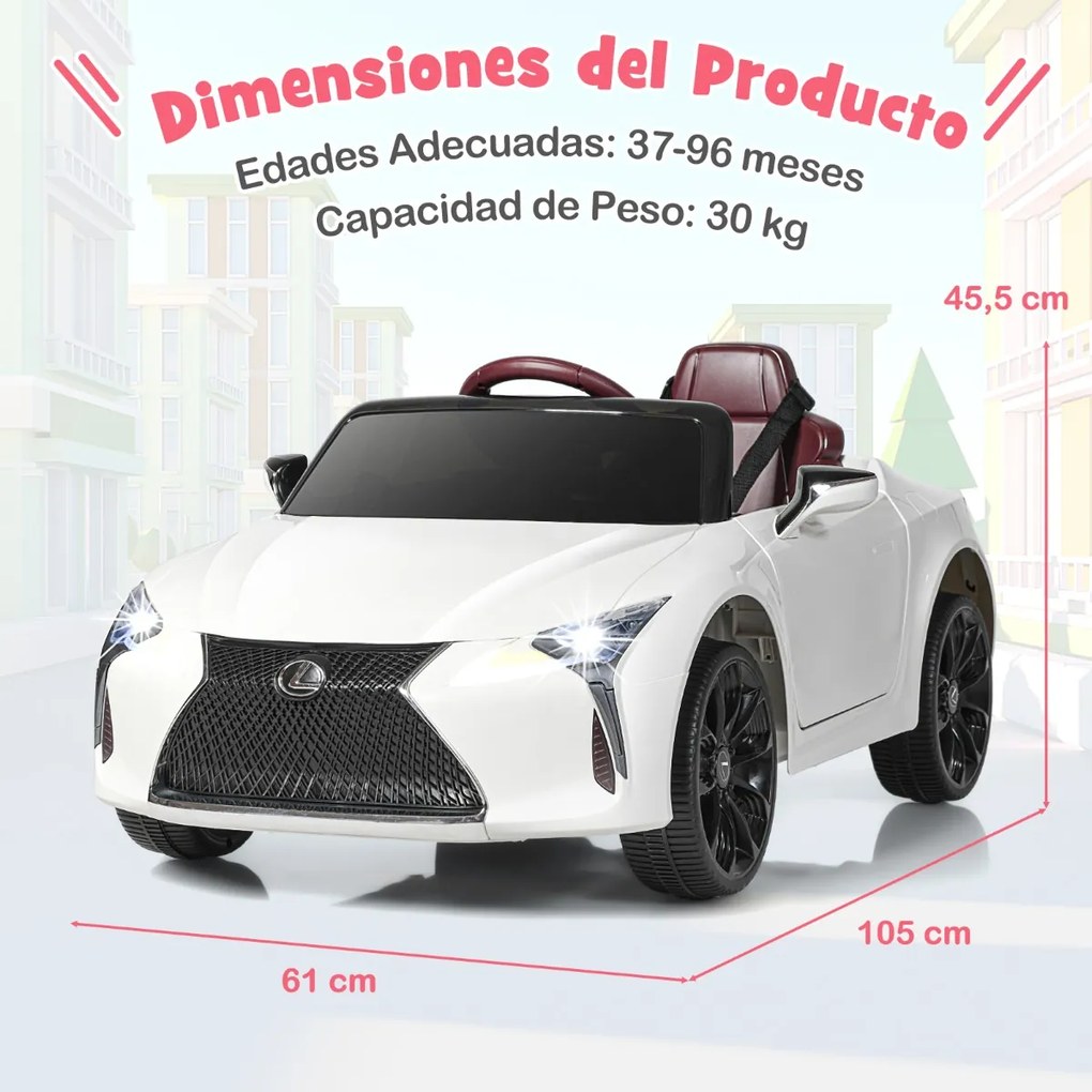 Carro elétrico para crianças Lexus com licença oficial com bateria 12V e controlo remoto 2.4G Luzes LED brilhantes e música Branco