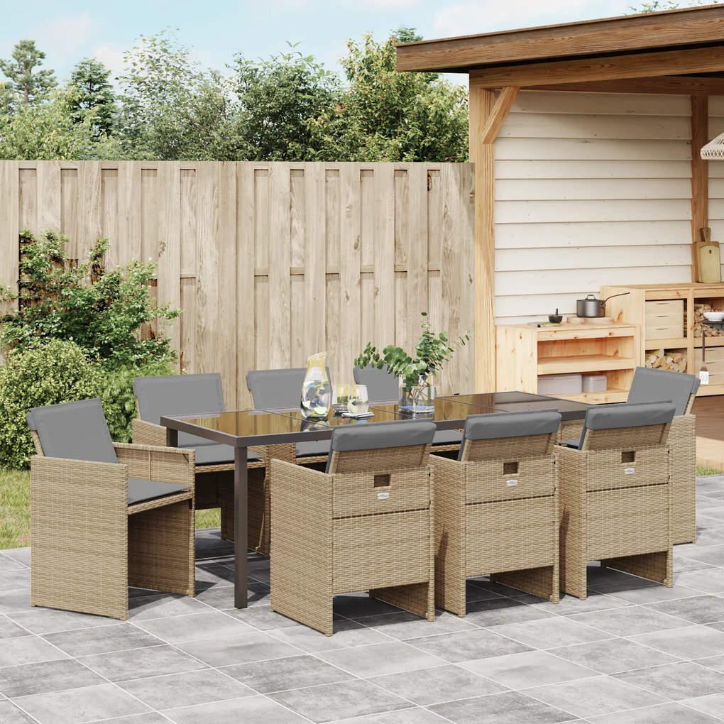 Conjunto de Jantar de Jardim com 9 Peças Almofadas Rattan Poliéster Be