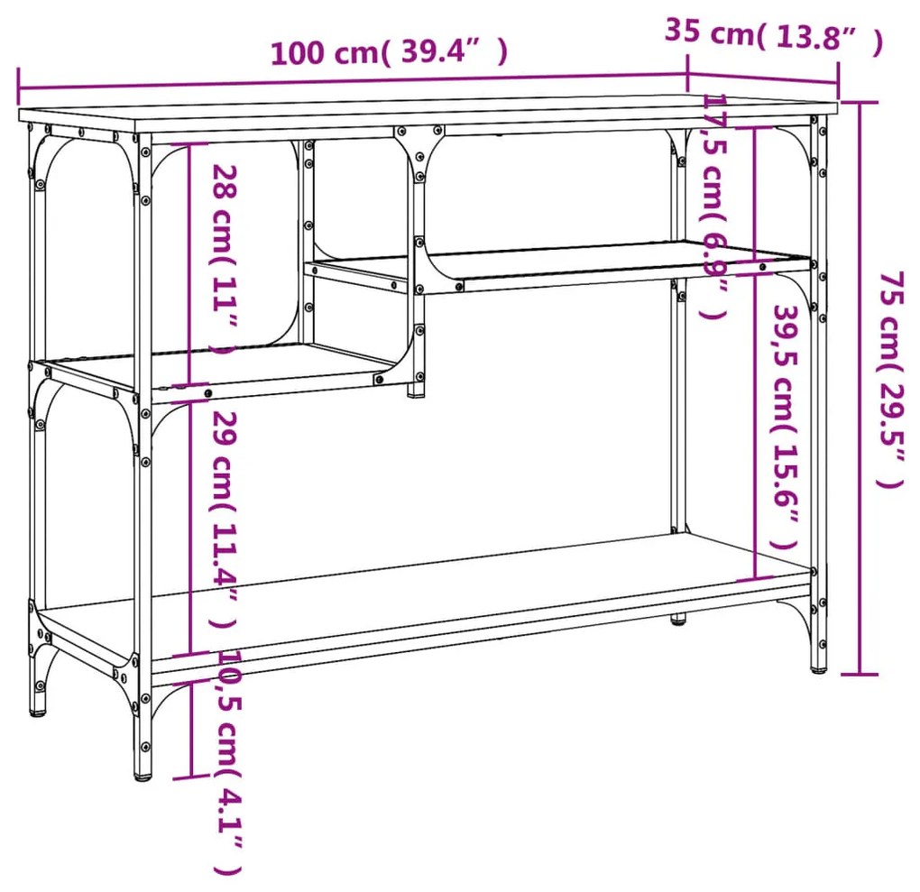 Mesa consola c/ prateleiras 100x35x75 cm preto