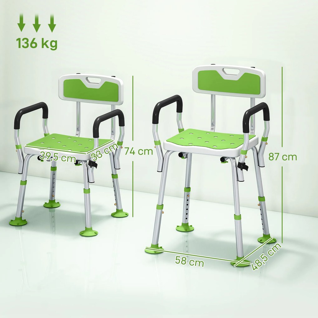 Banco de duche, cadeira de duche ergonómica, altura ajustável, pés antiderrapantes, 56,5 x 53,5 x 87 cm, branco e verde