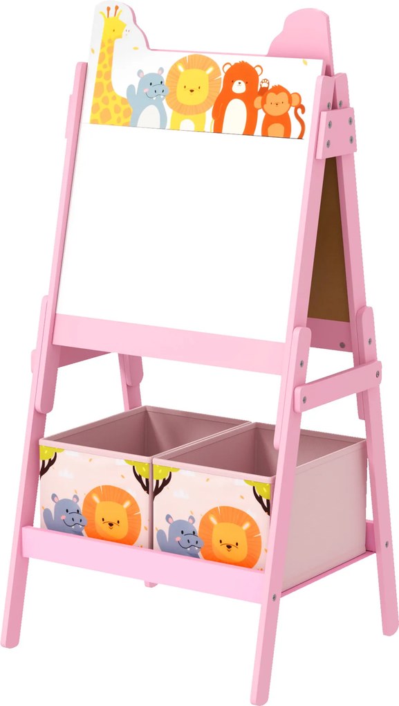 Quadro infantil com cavalete, dupla face, com 2 caixas de arrumação, para crianças dos 3 aos 8 anos, 49 x 53,5 x 113 cm, cor-de-rosa