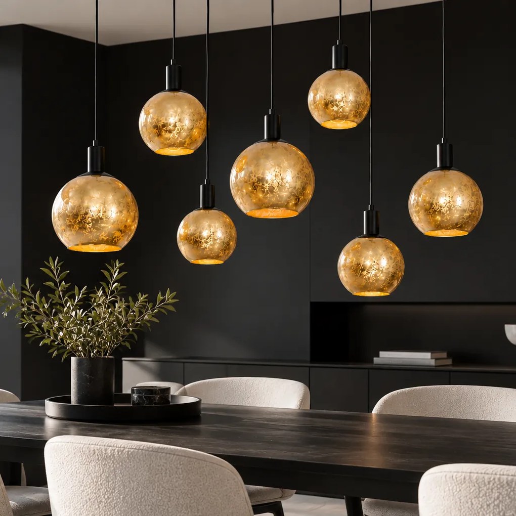 Candeeiro suspenso inteligente preto com vidro dourado 7 luzes Incl. 7 Wifi A60 - Bert