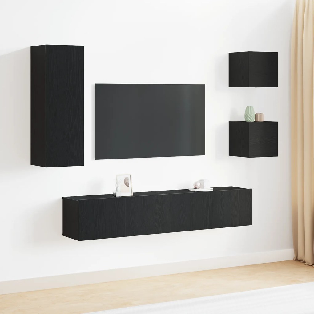 Conjunto de Módulos para TV de 5 Peças em Madeira de Carvalho Preto