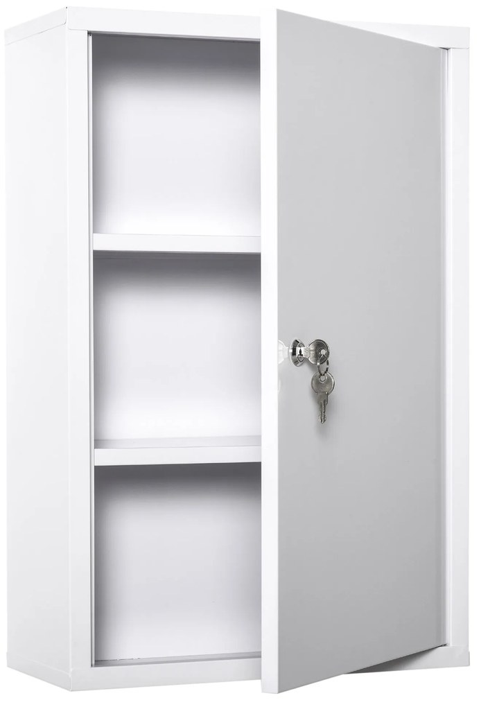 kleankin Armário Farmácia de Parede de Armário para Medicamentos de Metal com 3 Prateleiras de Armazenamento e Fechadura com 2 Chaves para Casa de Banho Cozinha 40x18x60cm Branco