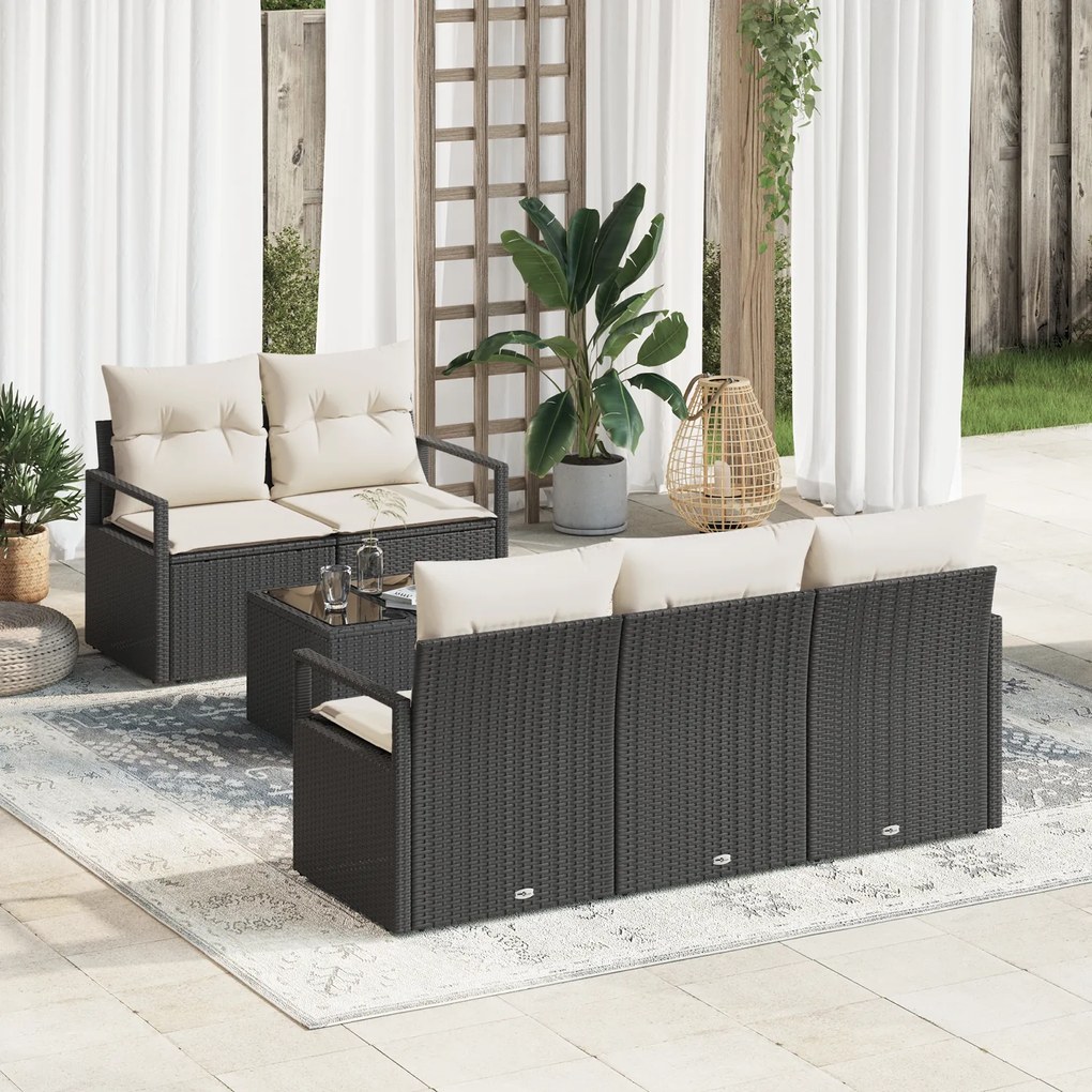 Conjunto de Sofás de Jardim de 6 Peças com Almofadas Preto Polirattan,