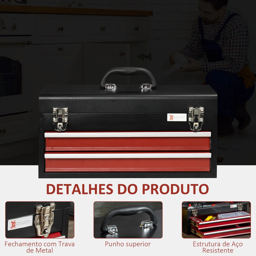 Caixa de Ferramentas de Aço com 2 Gavetas Fechaduras Metálicas Mala de Ferramentas Portátil 46x24x22 cm Preto e Vermelho