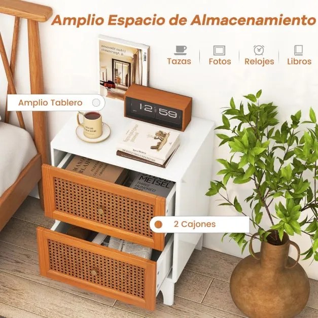 Mesa de cabeceira de vime com 2 gavetas decorada com rattan tecido à mão e pernas de madeira maciça para o quarto Branco + castanho