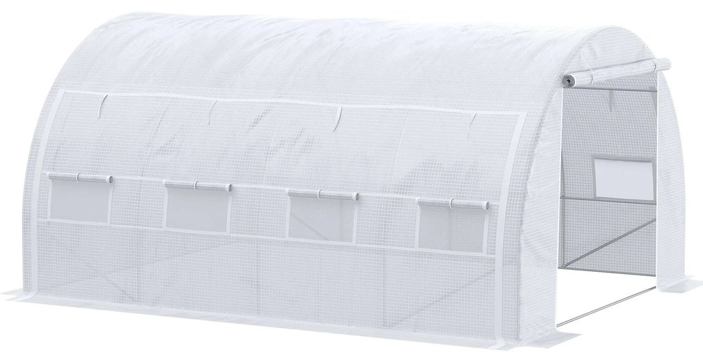 Outsunny Estufa Tipo Túnel de Jardim 4x3x2m com Porta Enrolável 8 Janelas Cobertura de PE 140g/m² e Metal Galvanizado Branco