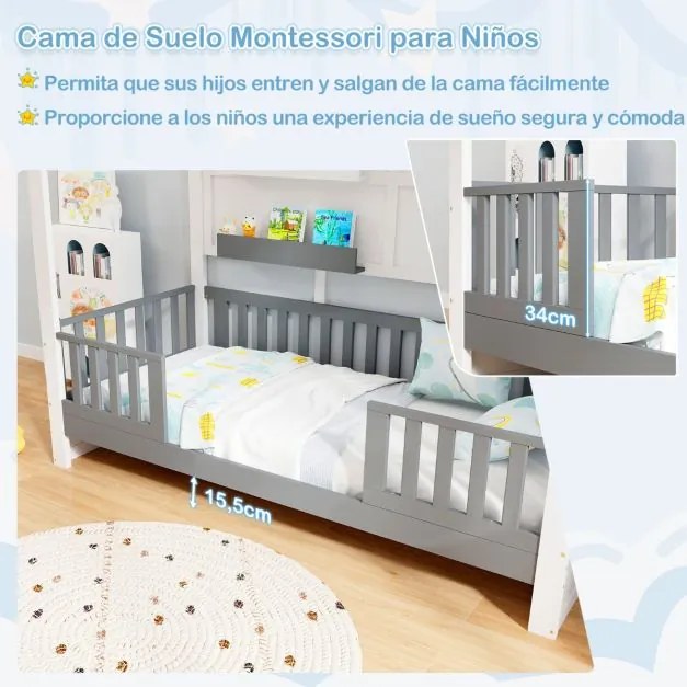 Estrutura cama de criança com prateleiras Grades para janelas e vedação Ripas de madeira 206 x 97 x 192 cm Branco e cinzento