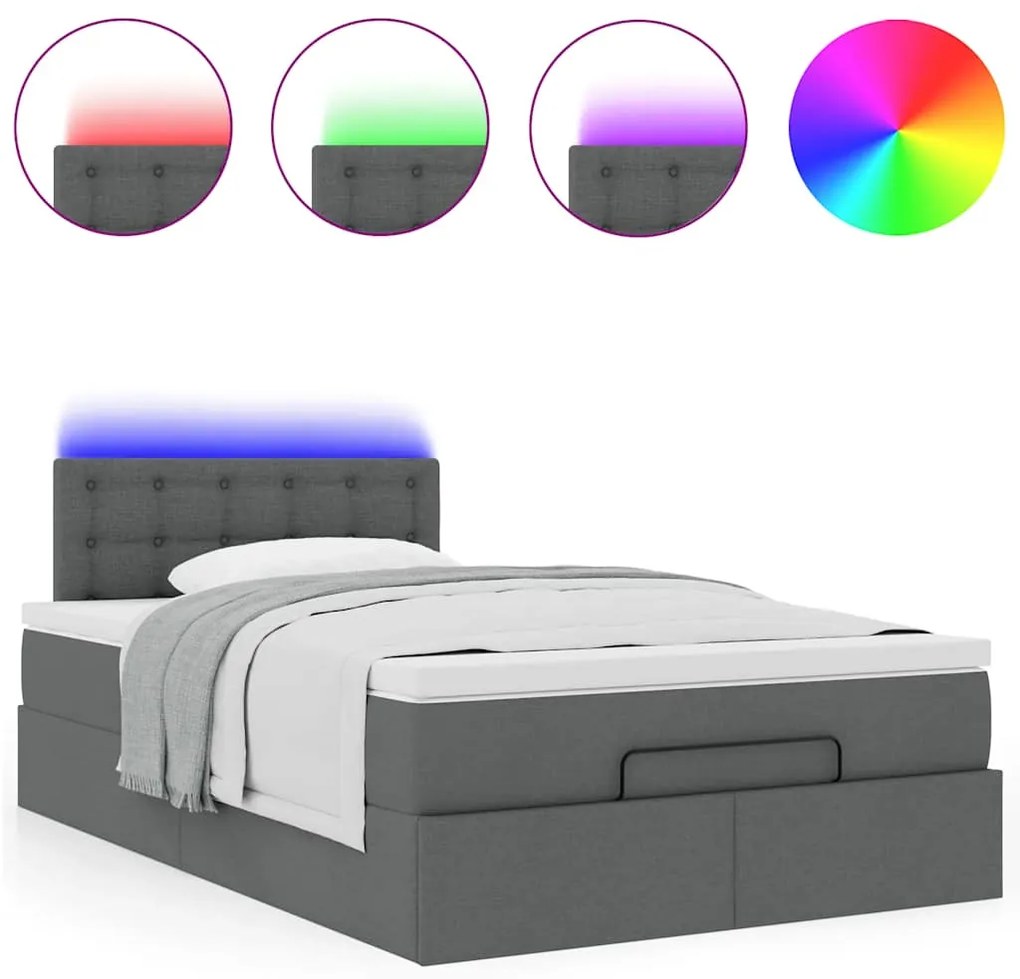 Cama otomana com colchão&LEDs 120x200 cm tecido cinzento escuro