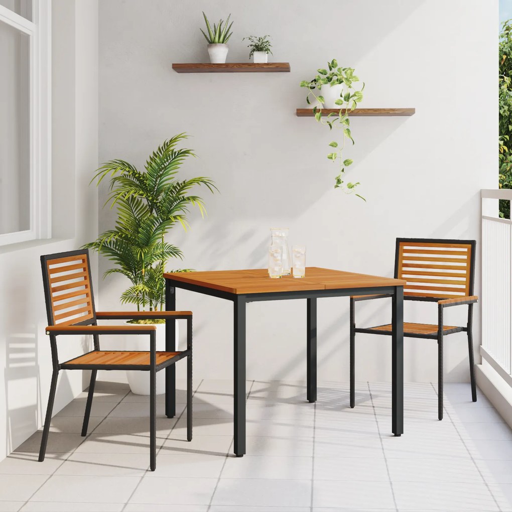Conjunto de Jantar para Jardim vidaXL 3 Peças em Rattan Sintético Preto e Acácia