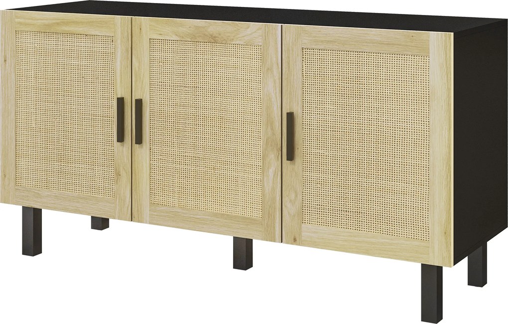 Aparador de arrumação 136 x 41 x 70 cm com portas com efeito de vime, prateleiras ajustáveis, 136 x 41 x 70 cm, preto e madeira natural