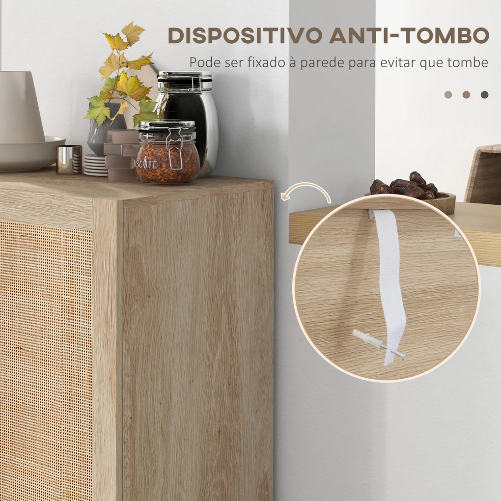 Aparador com 2 Portas de Rede e Prateleiras Ajustáveis Armário Estilo Cannage Anti-Tombo 73x41x102 cm Madeira