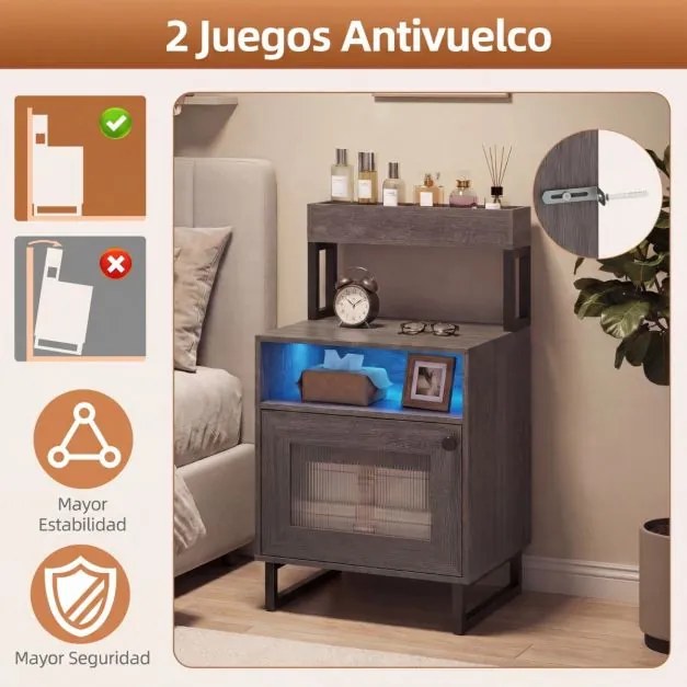 Mesa de cabeceira com luzes LED 45 x 40 x 80 cm com tabuleiro superior Estrutura metálica Cinzenta