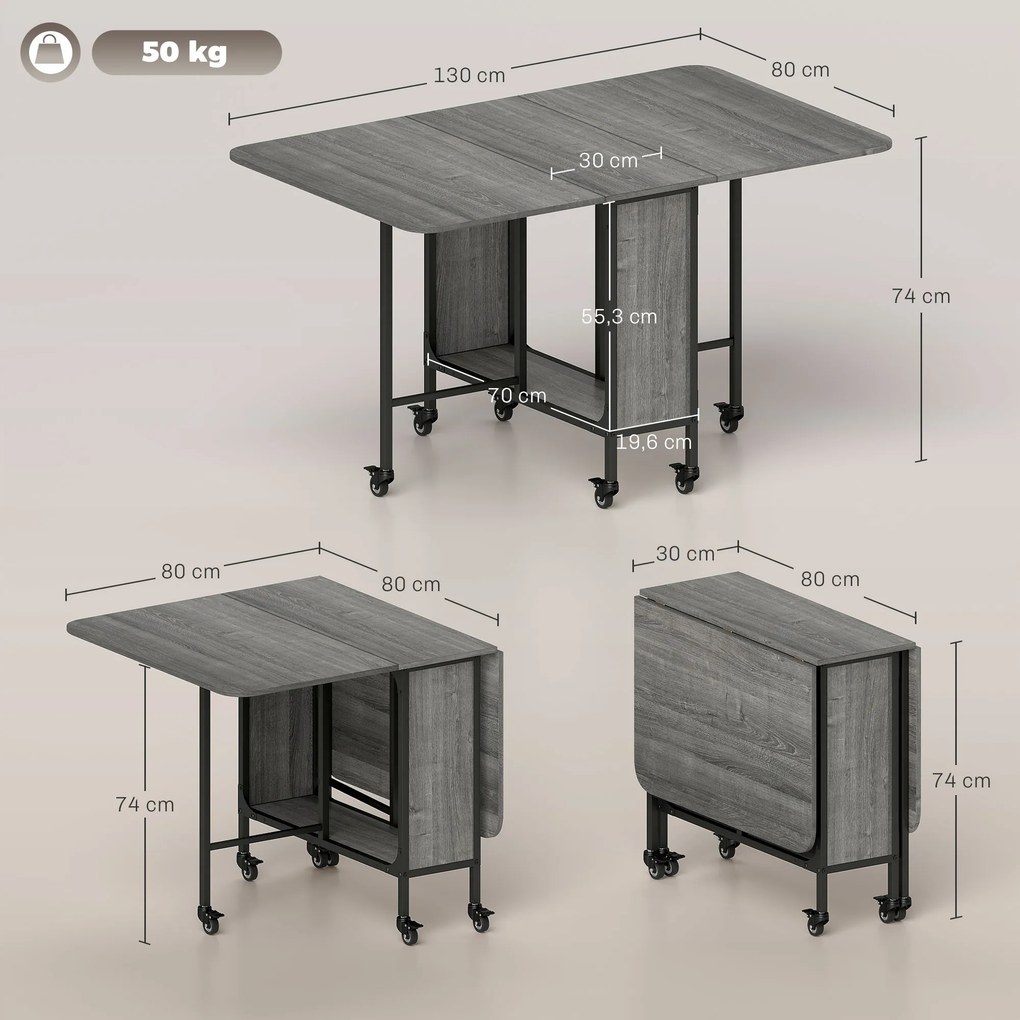 Mesa de cozinha dobrável e extensível com rodas (CADEIRAS NÃO INCLUIDAS), para até 6 pessoas, com prateleira integrada, 6 rodas, cinzenta