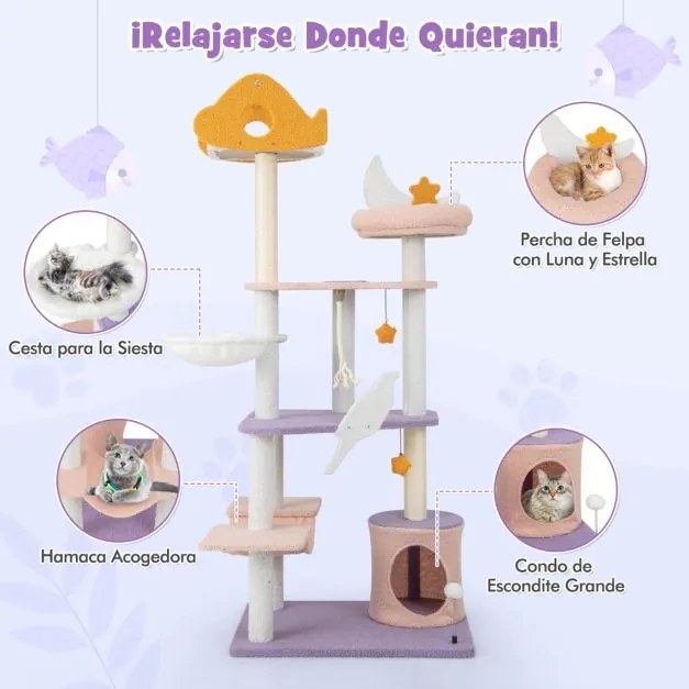Arranhador para gatos de 167 cm com postes de arranhar cobertos de sisal Plataforma coberta de sisal Poleiro de pelúcia em forma de avião Corda de sis