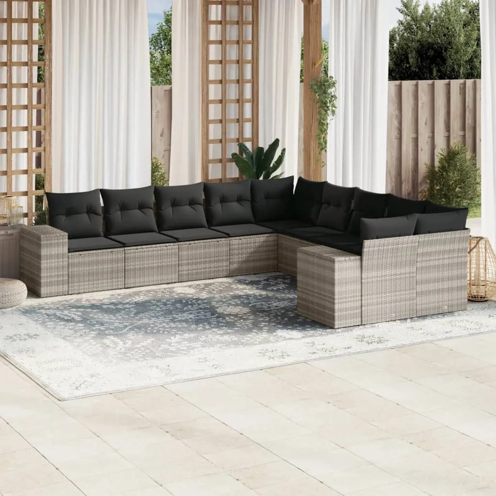 vidaXL 10 pcs conj. sofás jardim com almofadões vime PE cinzento-claro