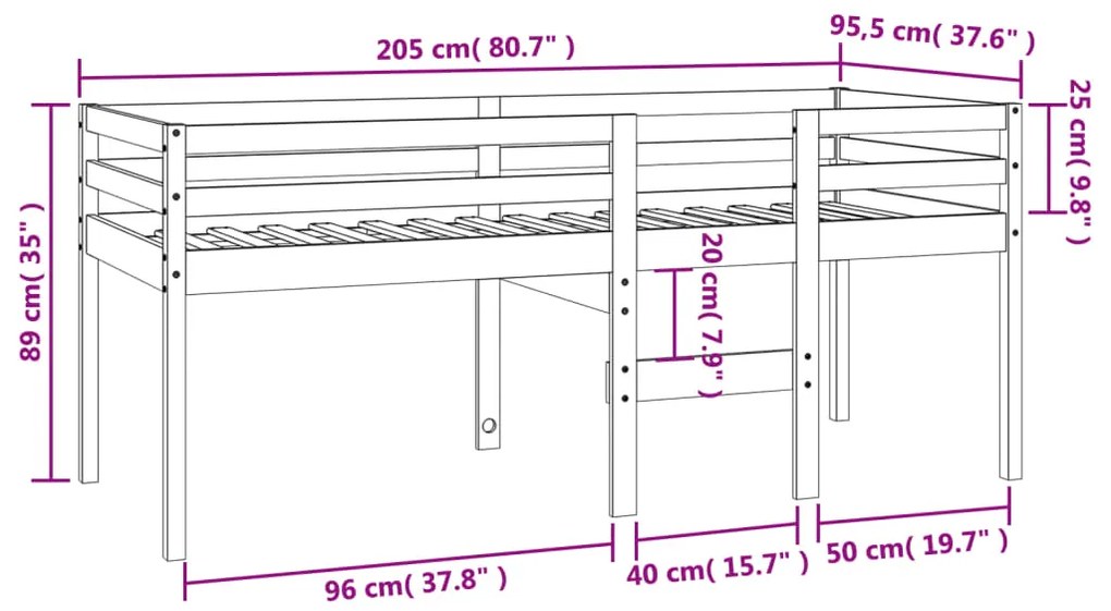 Cama alta 90x200 cm madeira de pinho maciça castanho cera