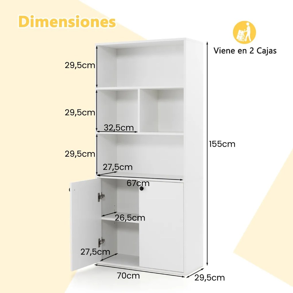 Estante de 5 níveis 70 x 29,5 x 155 cm com portas duplas, cubos abertos e prateleira ajustável 155 cm para sala, quarto, escritório Branco