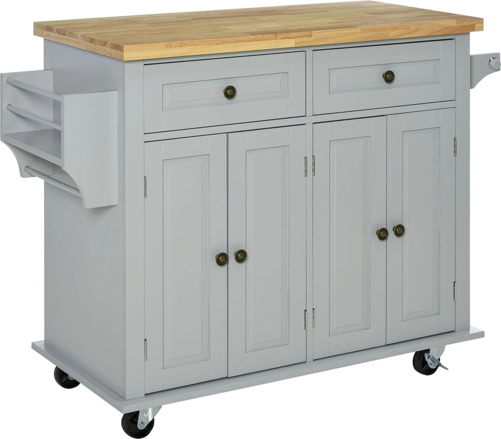 Carrinho Ilha de Cozinha com Rodas 2 Gavetas 4 Portas Suporte para Temperos e Barra Lateral 111x44,5x82,5 cm Cinzento e Madeira