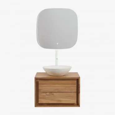 Conjunto De Móveis De Banheiro Em Madeira De Teca Jabari Madeira De Teca & Cimento Redondo Branco Ø40 Cm Zavion & Quadrado Led - Sklum