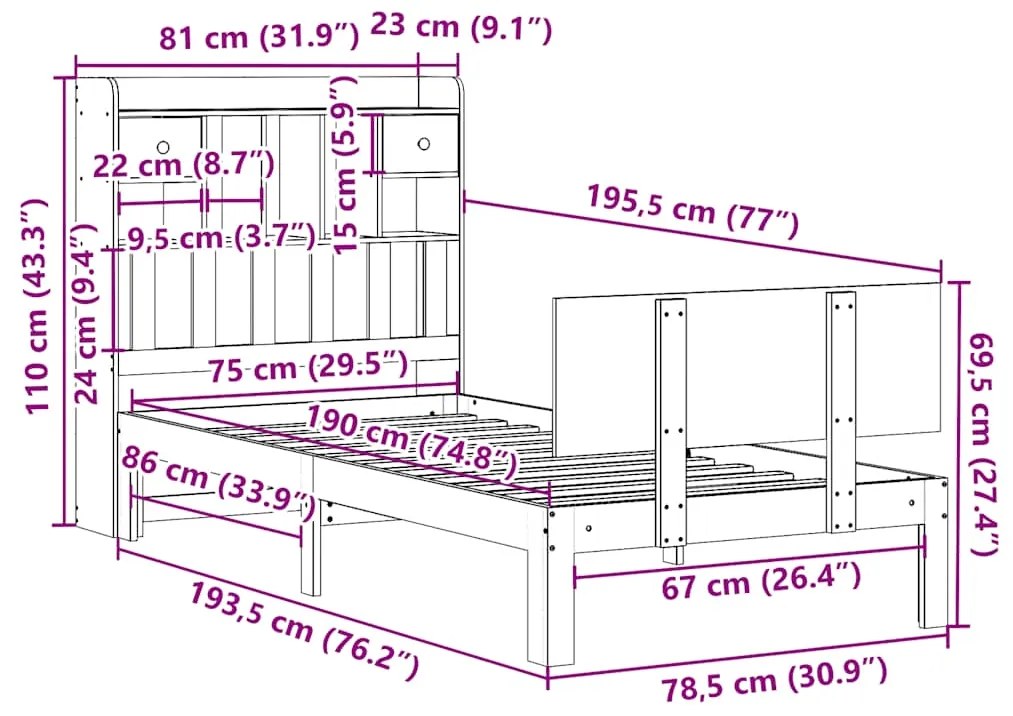 Cama com estante sem colchão 75x190 cm pinho maciço branco