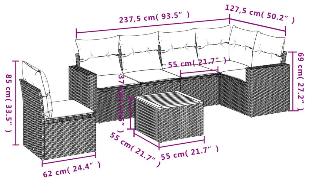 7 pcs conjunto de sofás p/ jardim c/ almofadões vime PE preto